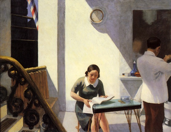 edward-hopper-whitney-barber-shop A young woman in a collared dress sitting at a table with pencils and notebook