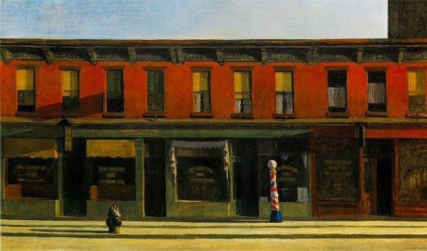 edward-hopper-whitney-early-sunday-morning Edward Hopper painting of store fronts in reds and greens with a barber shop red, white, and blue, stand outside