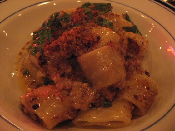 Porsena NYC pasta dish of anneloni with breadcrumbs, sausage and mustard greens