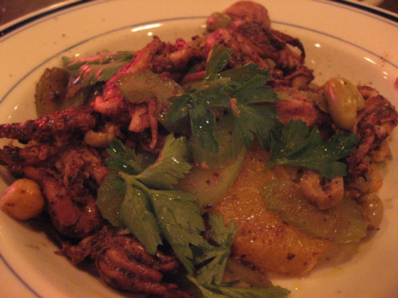 Porsena restaurant serves up a plate of heaping olive oil poached baby octopus with celery, parsley, olives and lemon