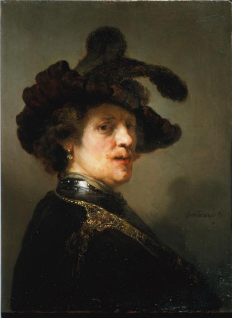 Famous Rembrandt self portrait painting, entitled "Tronie", now on display at Frick