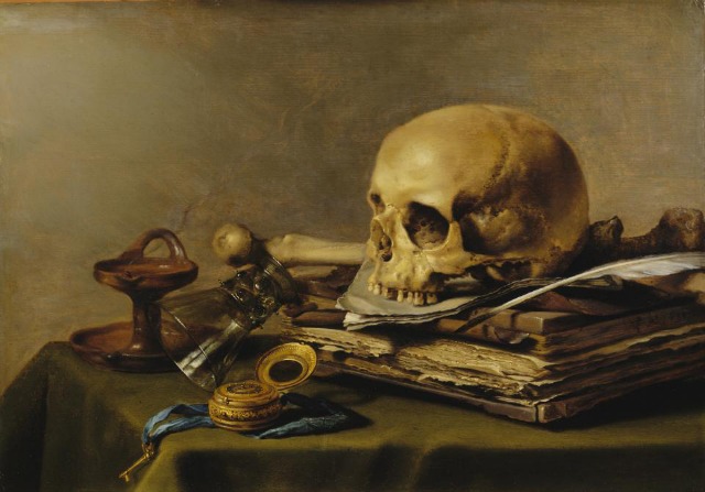 Pieter Claesz's stunningly vivid Vanitas Still Life, with a book, skull, feather and some other trinkets sitting on a table