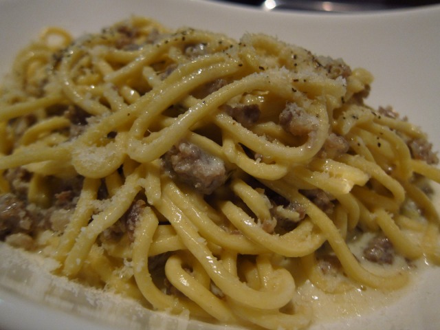 An order of Barbalu's Sausage Alla Norcina pasta dish with rich white sauced and sausage, topped with Parmesan cheese