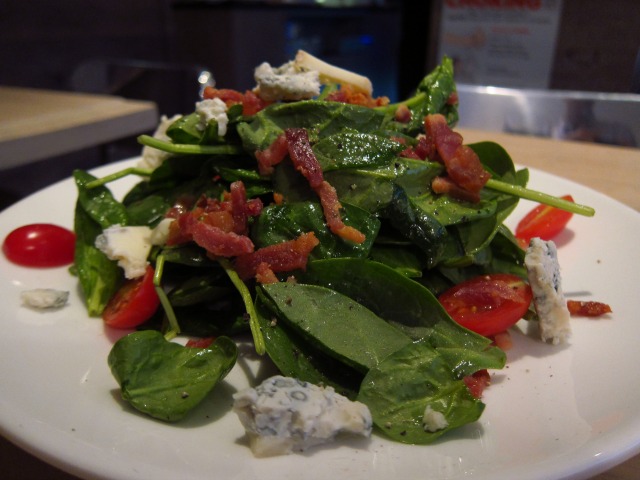 Off the menu of Barbalu is this italian salad with spinach, gorgonzola, crispy pancetta on top of a big pile of bright greens, generously mixed with thick, creamy cheese and chewy ham.