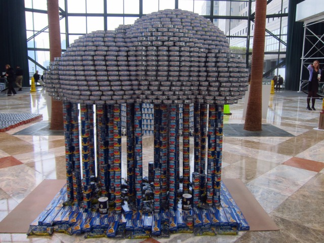 Tuna and Goya bean can create this raining cloud Canstruction entry, called "Cloudy with a Chance of Tuna", by Gilsanz Murray Steficek