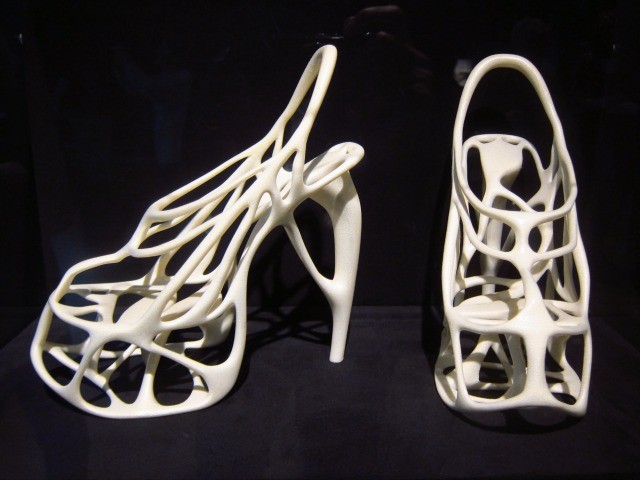 On display at the MAD museum's Out of Hand exhibition is this 3D printing sculpture of white high heels