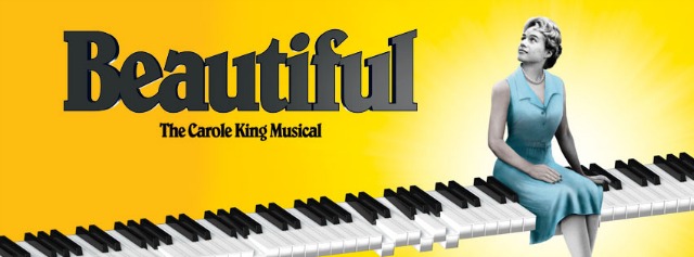 The Broadway show artwork for Beautiful: Carole King on Broadway, with a young women sitting on a string of piano keys 