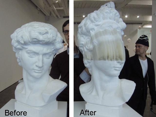 Before and after shot of one of Li Hongbo's paper sculptures, one image of the sculpture in whole, the other being pulled up showing the layers of paper