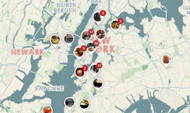 Interactive pinterest map of NYC with Choice eats restaurants featured