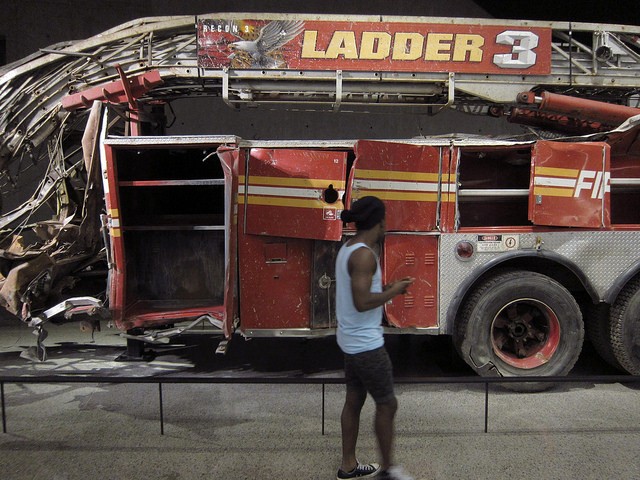 Ladder 3, one of the fire trucks from the 9/11 scene, at the 9/11 Memorial Museum.