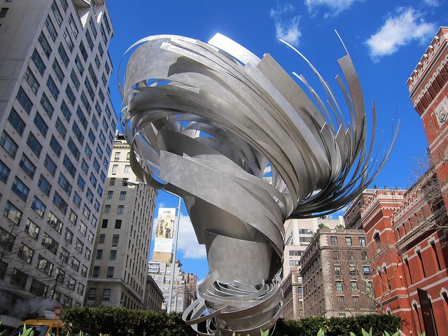 An image of Alice Aycock's metal swirling sculpture that resembles a twister on Park Avenue in NYC