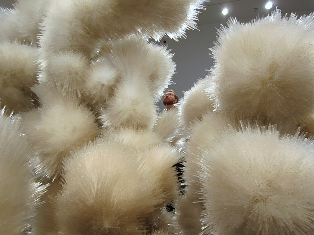 Close up photo of the acrylic rods used to create Tara Donovan's sculpture at Pace Gallery