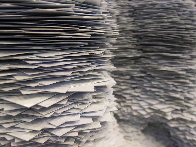 A close up image of the index card sculptures, where you can see how each card was stacked individually to create the sculpture.