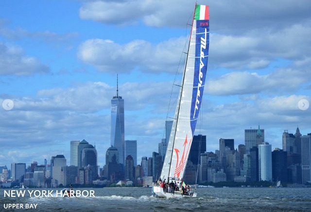 A sailing boat takes a group of New Yorkers around the upper bay area, with the city skyline views in the background.