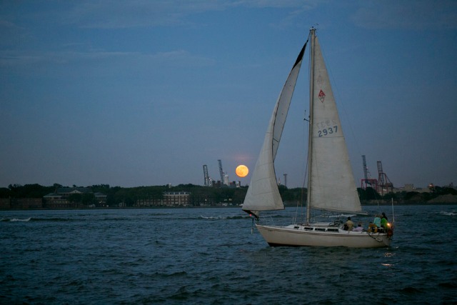 As the sun sets in the distance, a Ventura sail boat cruises the ocean outside NYC