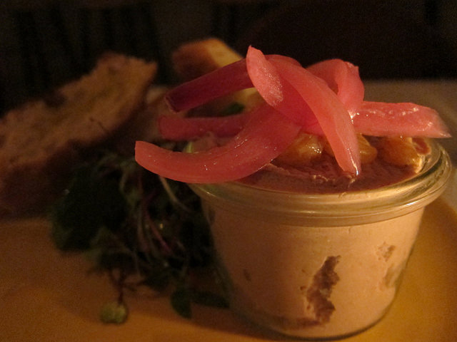 Chicken liver mousse topped with jalepeno-pickled raisins from Dimes Cafe in NYC