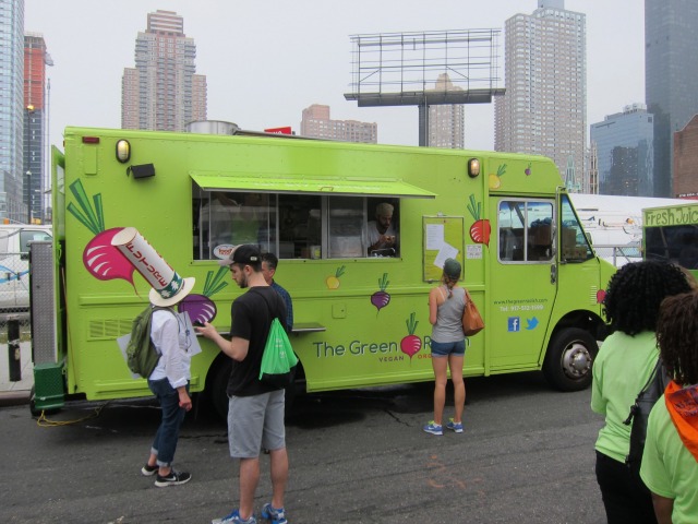 People waiting outside of the Green Radish food truck in New York City