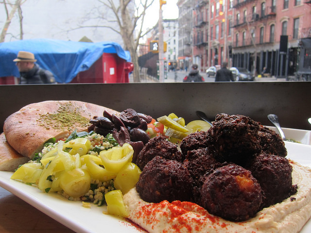 Mixed Falafel Platter from Taim Mobile vegan food truck during Vegetarian Day in NYC.