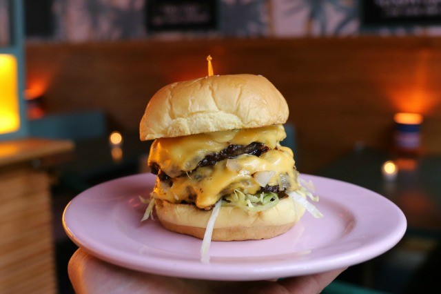 The two-patty Happiest Burger at The Happiest Hour bar on West 10th Street.