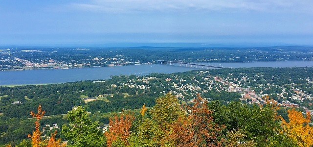 View from the top of Mt Beacon of the Newburgh-Beacon Bridge, Hudson River and Catskill Mountains.