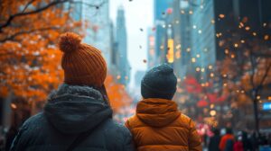 A family watching the Thanksgiving Day parade on TV