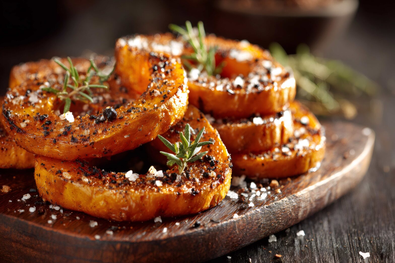 Roasted pumpkin slices garnished with fresh rosemary, coarse salt, and black pepper, presenting a delicious healthy autumn dish