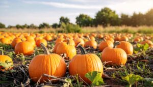 close up of pumpkins on field