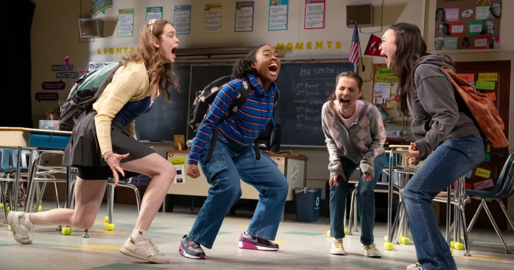 girls in the cast of John proctor is the villain singing and dancing on stage close up image
