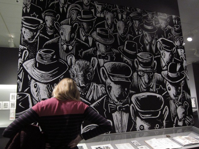 Art Spiegelman famous Maus, a black and white piece with mice hearing working hats, on display at the Jewish Museum in NYC