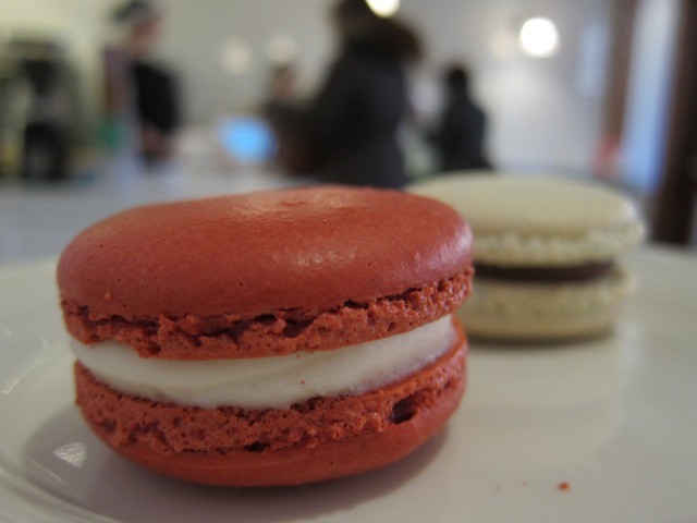 Image of a red velvet flavored macaron from the new Macaron Parlour UWS location