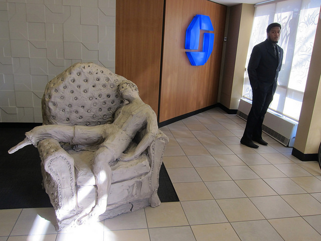 An image of Urs Fisher sculptural piece at an abandoned Chase bank in NYC
