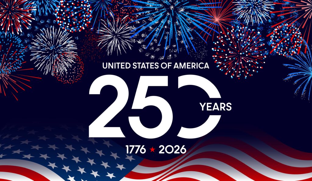 250 birthday with fireworks and American flag
