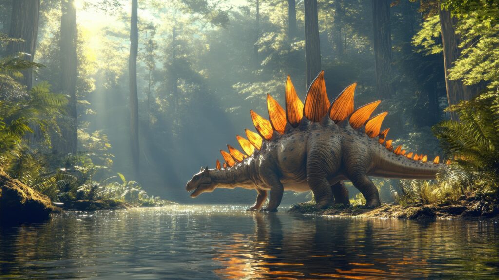 Stegosaurus walking near a tranquil river, vibrant plates on its back reflecting sunlight, peaceful prehistoric setting