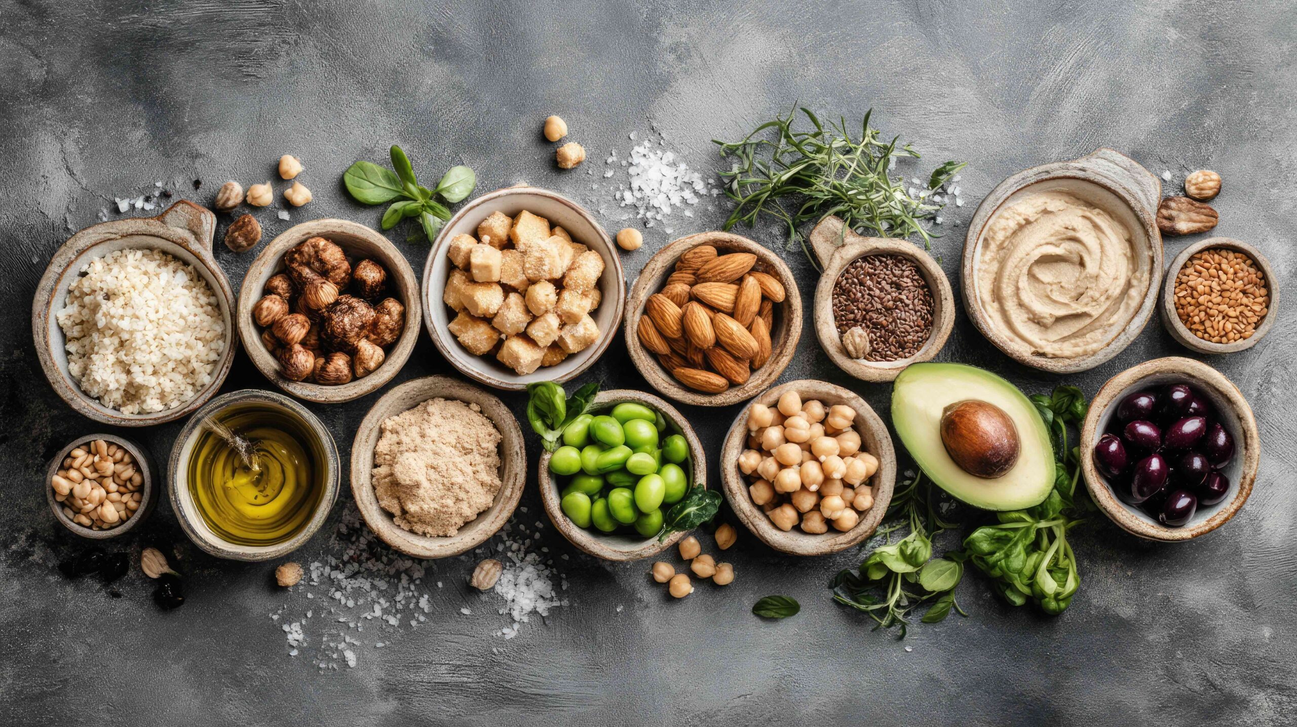 This image showcases a vibrant assortment of fresh ingredients ideal for healthy cooking, featuring nuts, grains, legumes, and oils arranged on a rustic surface.