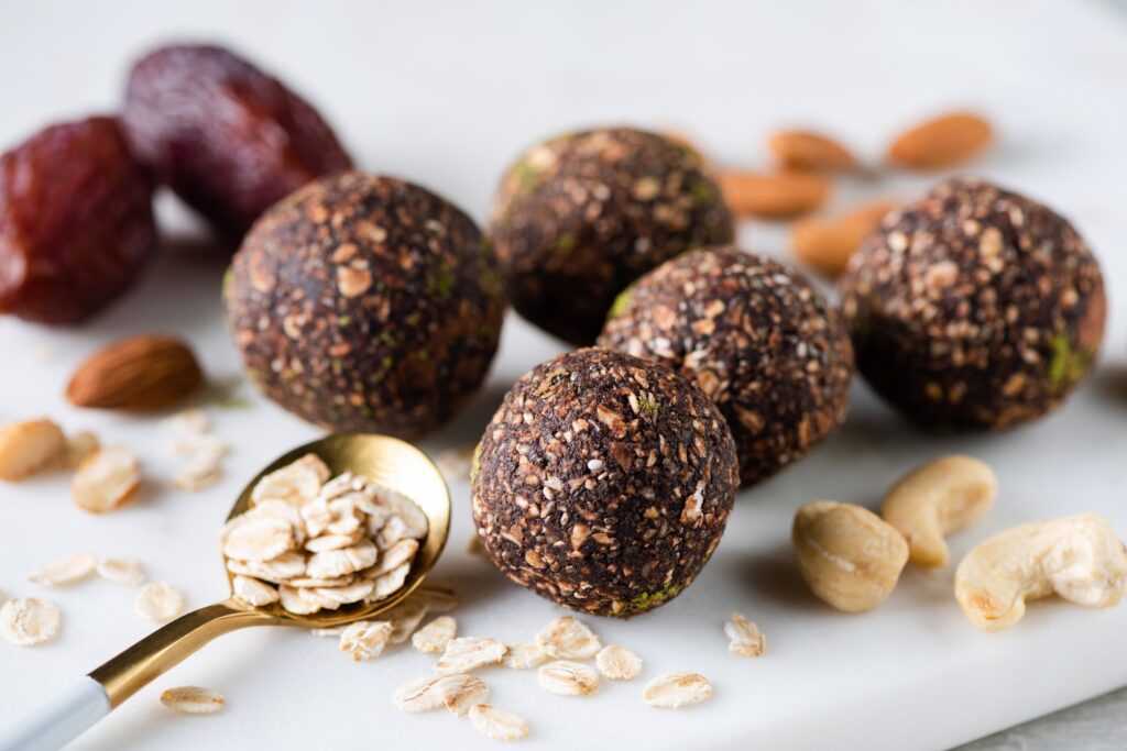 close up of chocolate energy ball snacks 
