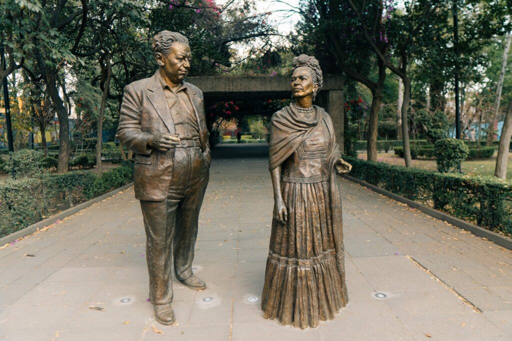 Mexico City -feb 2023: Frida Kahlo and Diego Rivera statues inside Parque Frida Kahlo in Coyoacan . High quality photo