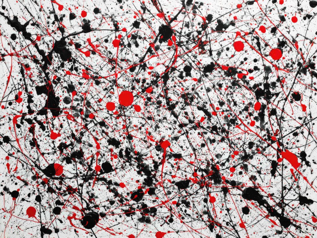 a red white and black splatter painting