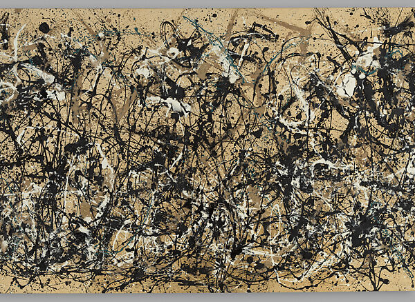 A brown black and white Jackson Pollock splatter painting